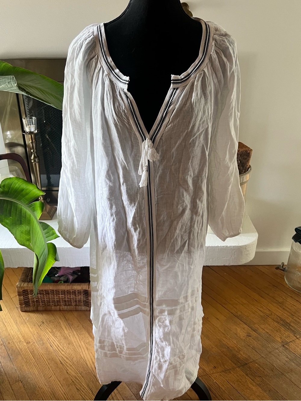 White Linen Kaftan Dress Cover-Up with Navy Trim
